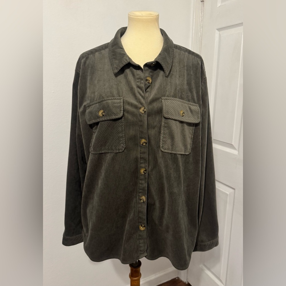 DEMOCRACY Corduroy Shirt Jacket Shacket Olive Green Soft Button Front Size XL